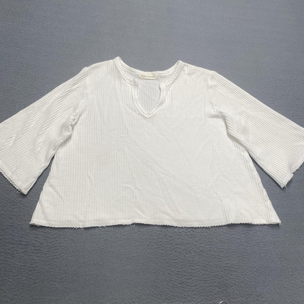 Trouble At The Mill Shirt Womens Medium White Waffle Knit 3/4 Sleeve